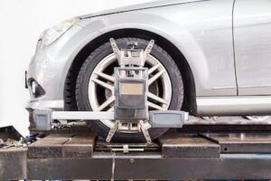 close-up of a car tire during a wheel alignment service